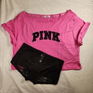 VS PINK Cotton Slouchy Off the Shoulder Tee & Black Lace Panty Set - Medium